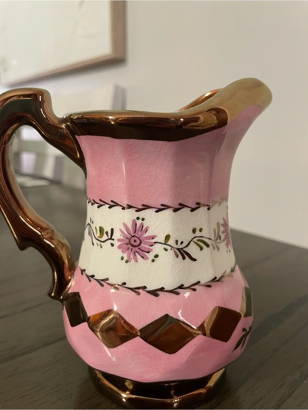 Vintage Pink and Gold Floral Ceramic Pitcher